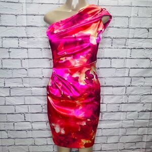 David Meister Women's Fuchsia Watercolor One-Shoulder Draped Dress Size 6